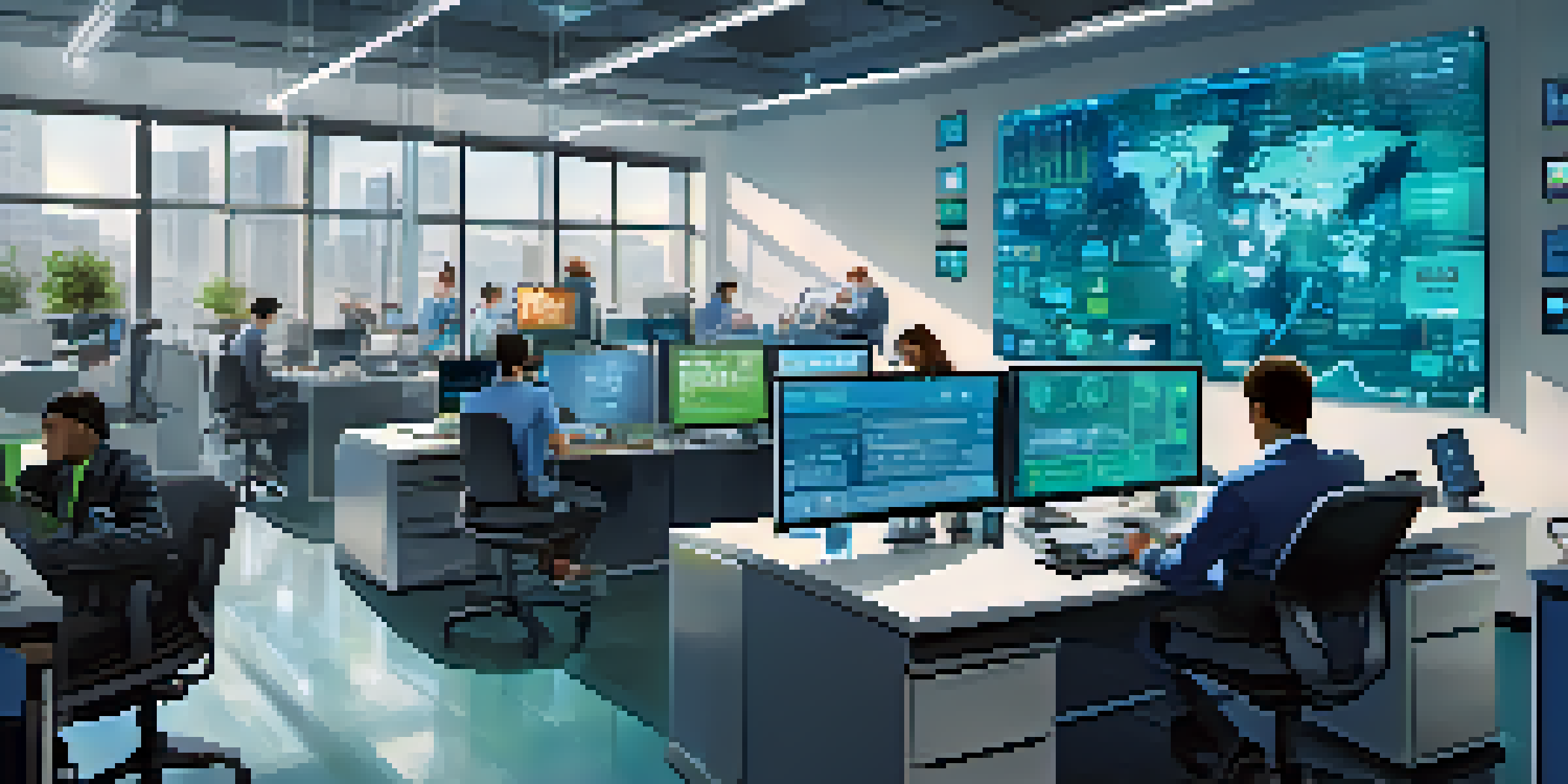 A modern office with employees working on laptops, surrounded by digital security symbols and a screen showing security monitoring.