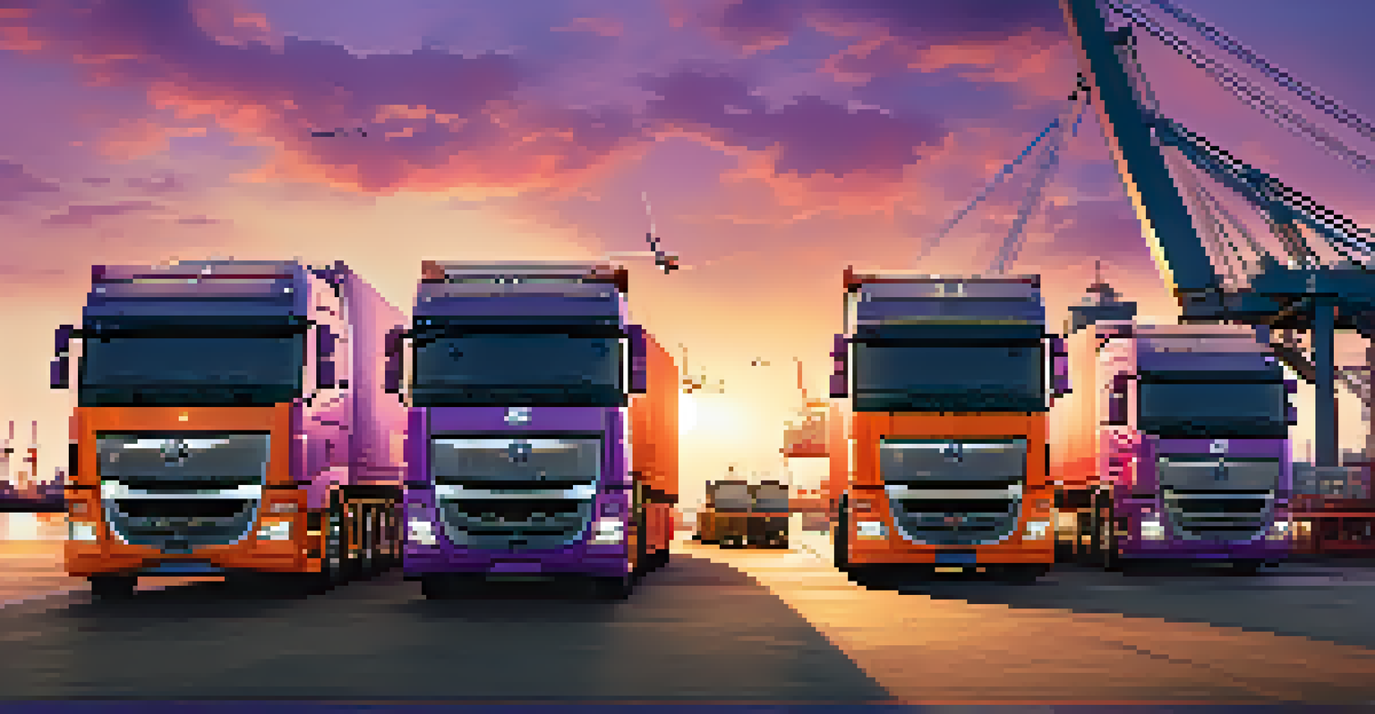 A busy port with trucks and cargo ships displaying digital panels for engine performance, against a colorful sunset.