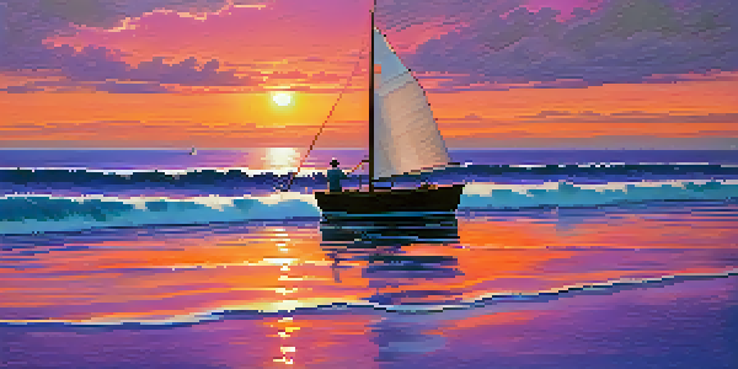 A picturesque ocean scene at sunset with a small boat and vibrant colors reflecting on the water.