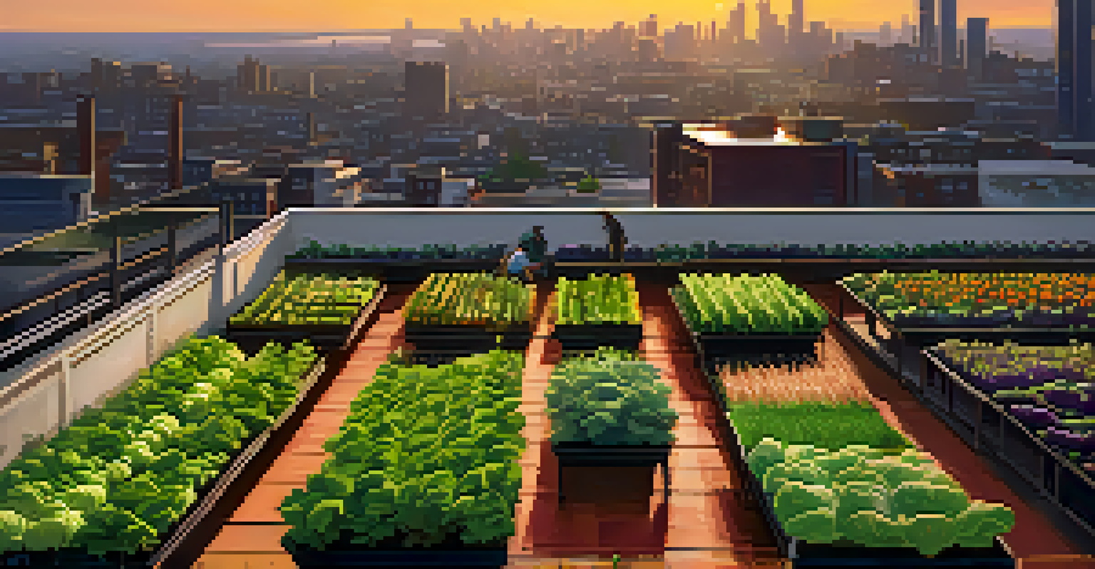 A rooftop vertical farm with greenery against a city skyline at sunset, showcasing the blend of urban life and nature.