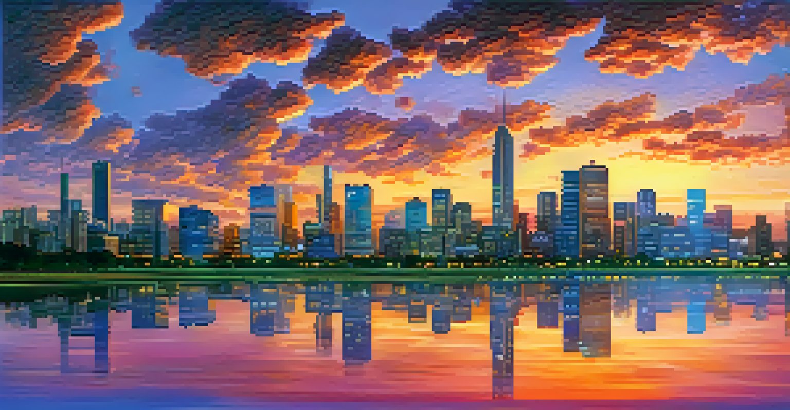 A city skyline at sunset with clouds shaped like server icons, representing the harmony between technology and nature.
