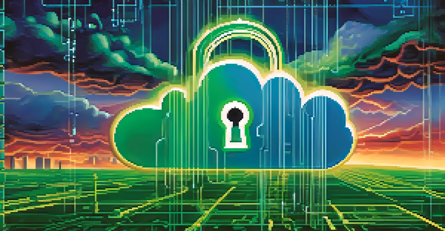 An abstract image of a cloud-shaped lock symbol against a digital landscape with binary code.