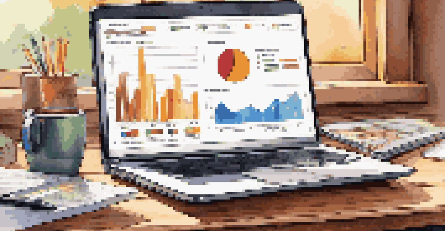 A close-up of a laptop screen showing a colorful financial dashboard, surrounded by office supplies.