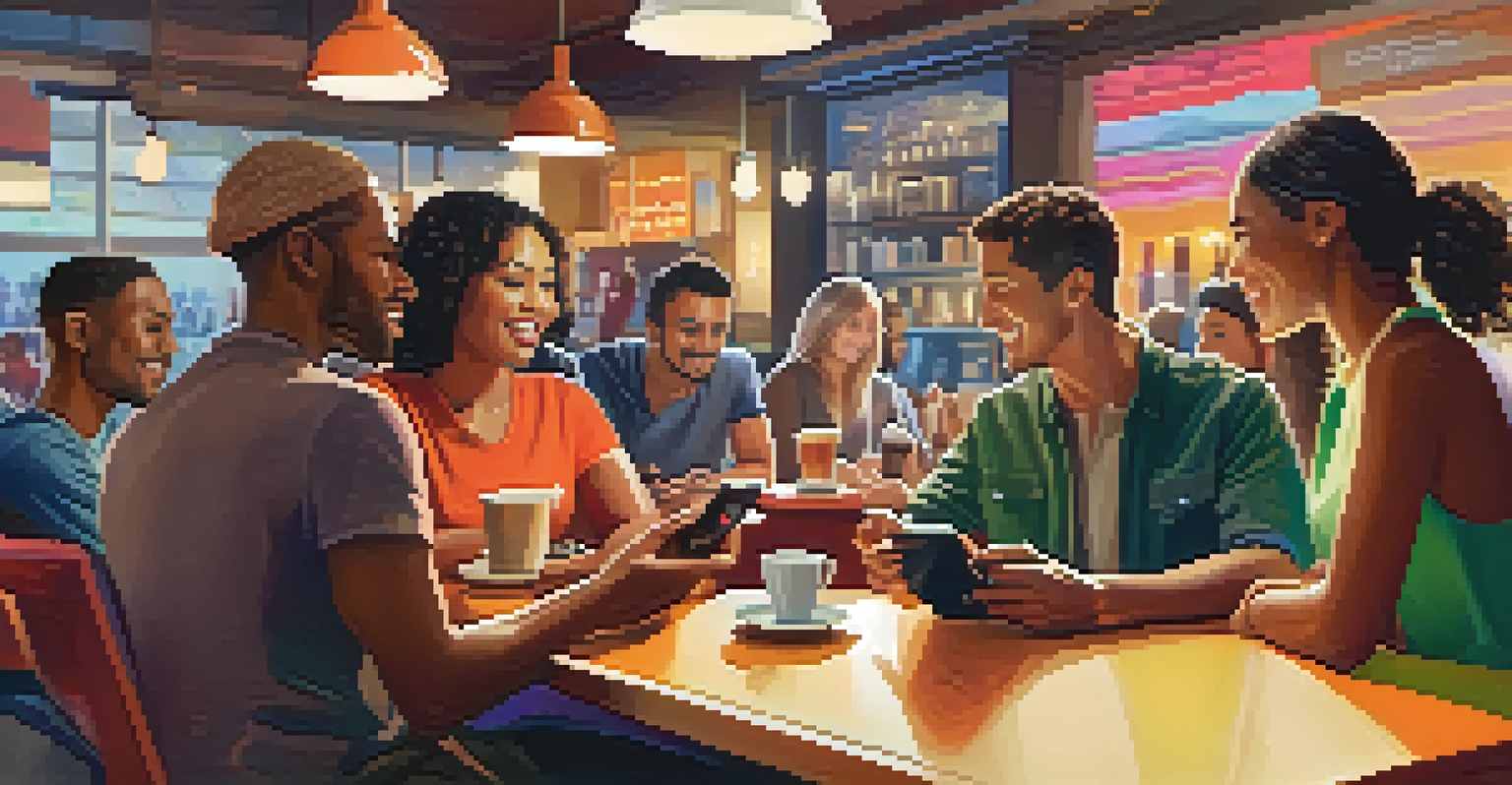 A diverse group of people in a café using smartphones, with a busy and colorful café background.