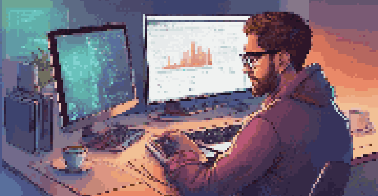 A developer coding on a laptop in a cozy workspace filled with tech gadgets and warm lighting.
