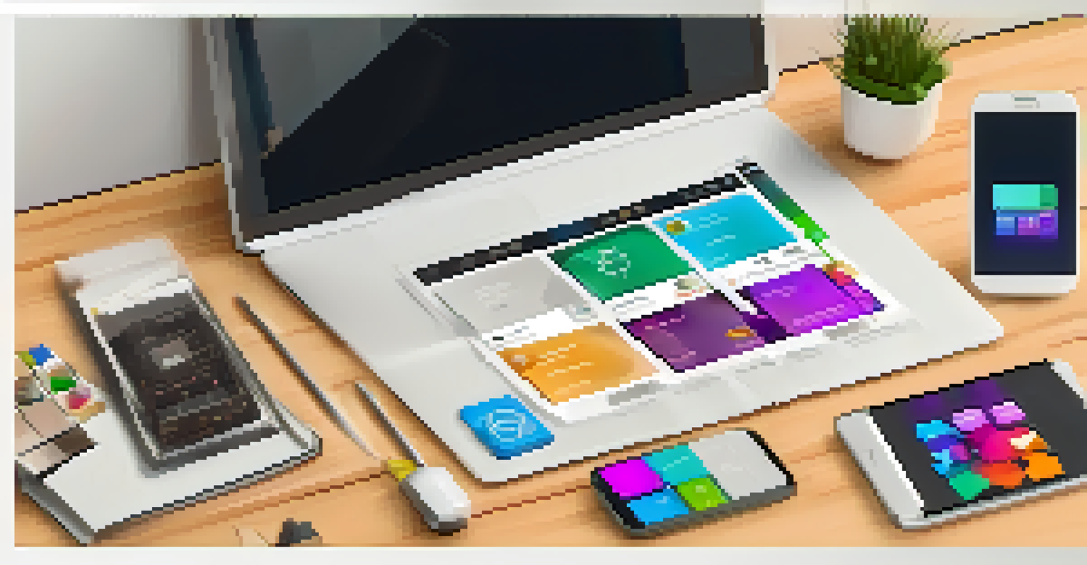 An overhead view of a smartphone showing a low-code app builder interface with colorful components, on a wooden desk with a laptop and coffee.