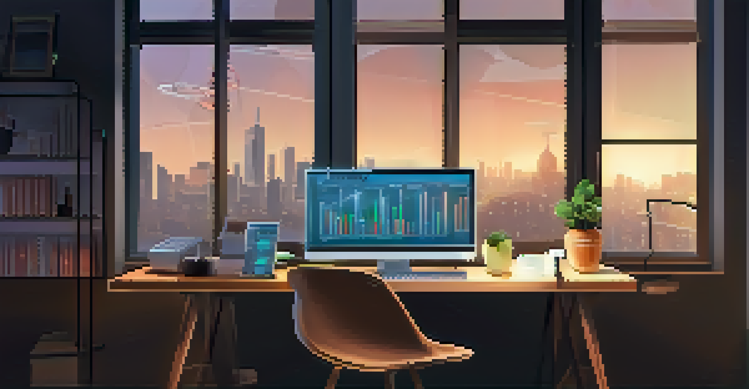 A cozy workspace with a computer screen displaying user activity logs, an organized desk, and a view of a peaceful cityscape outside the window.
