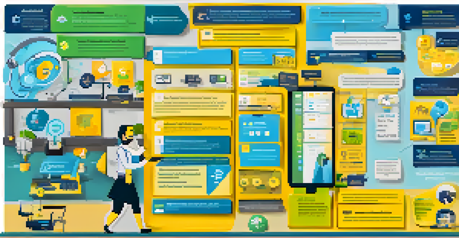 A colorful infographic showcasing the evolution of customer support with AI, featuring icons of chatbots, data analytics, and human agents.