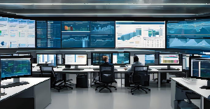 A modern supply chain control room with screens showing predictive analytics data, data scientists collaborating around a table.
