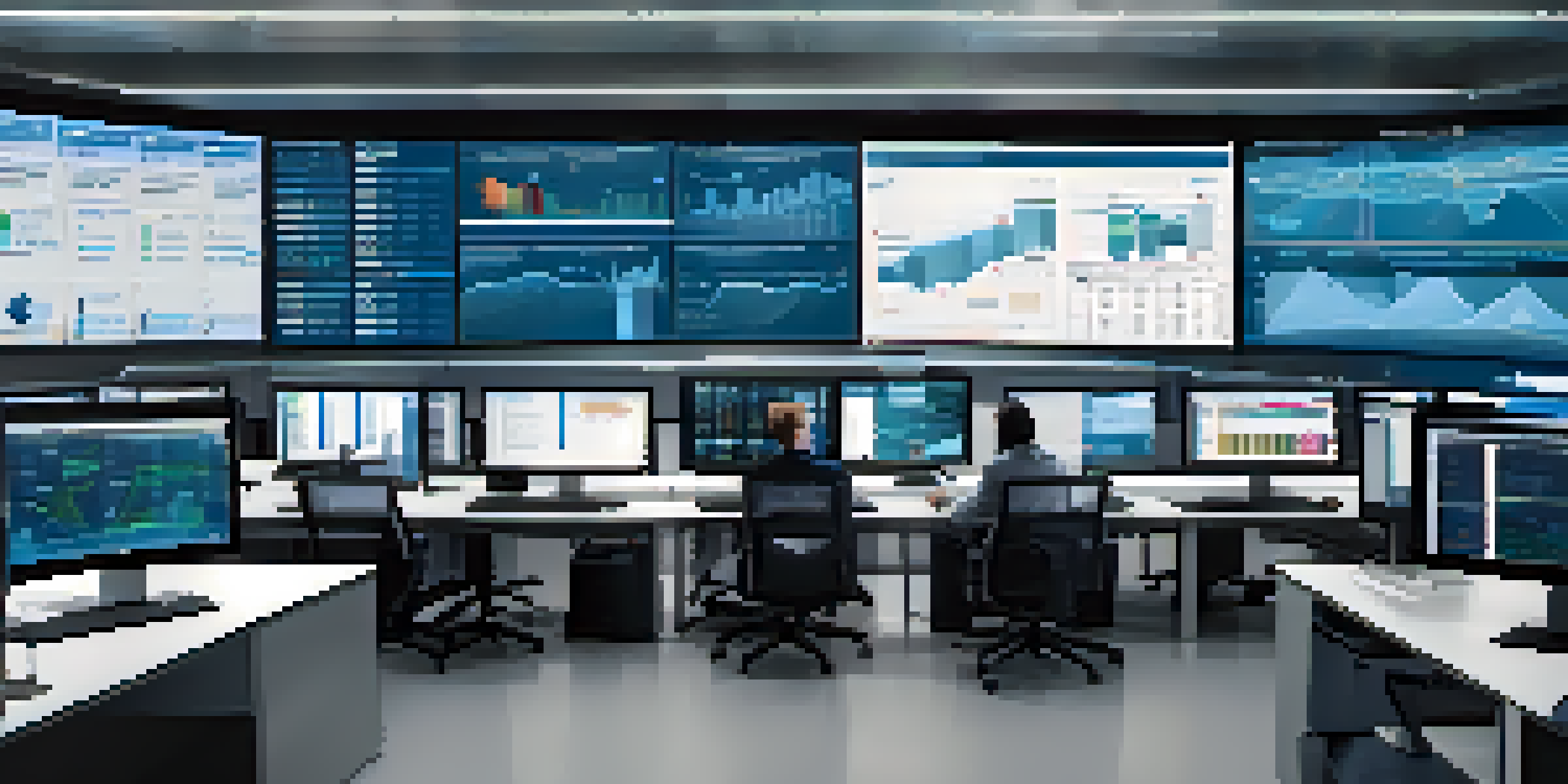 A modern supply chain control room with screens showing predictive analytics data, data scientists collaborating around a table.