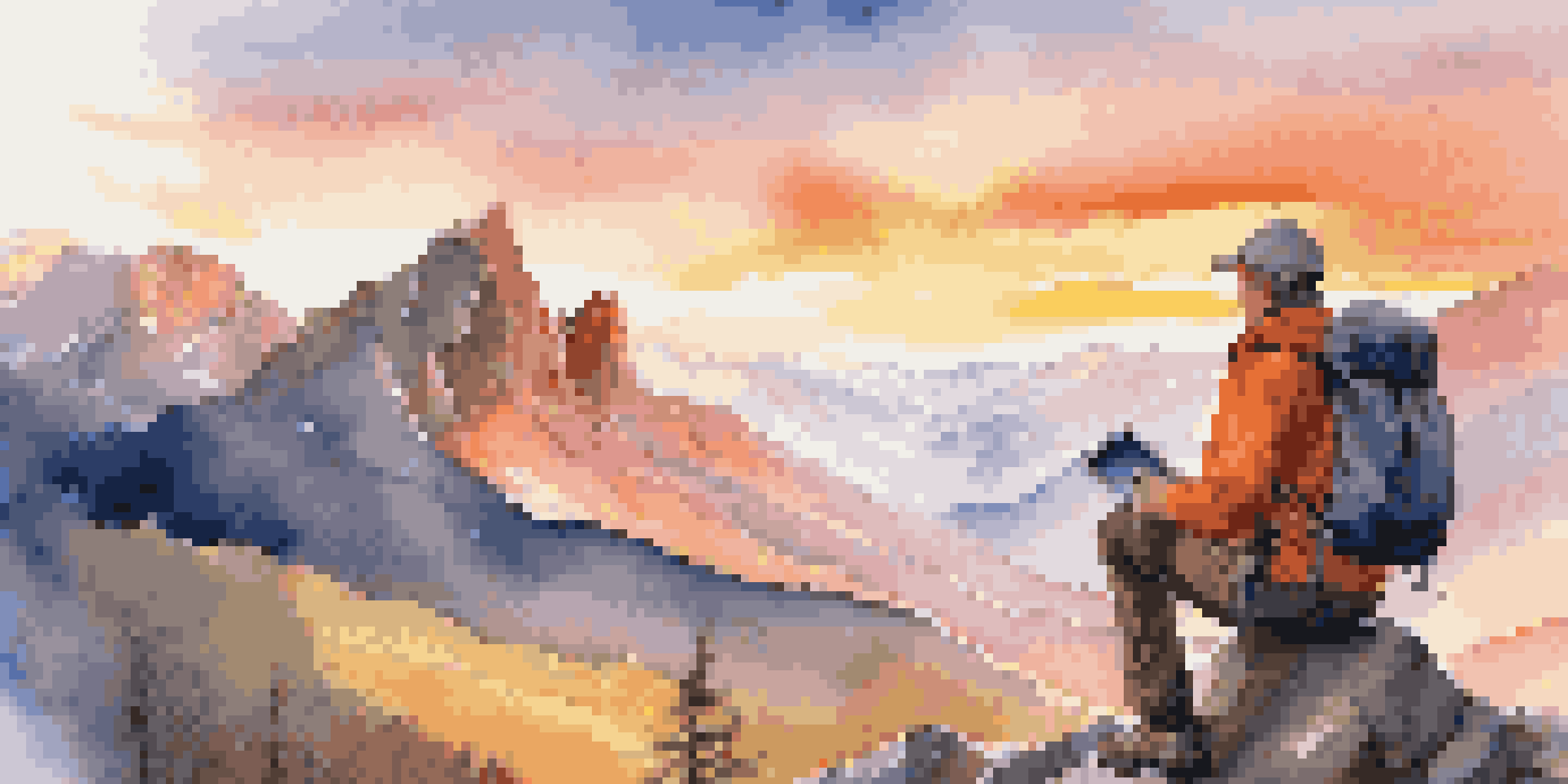 A hiker in a rugged mountain landscape at sunrise, looking at a smartwatch that displays GPS navigation.