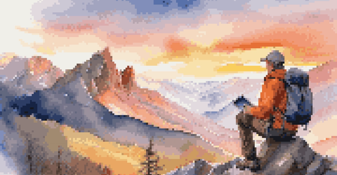 A hiker in a rugged mountain landscape at sunrise, looking at a smartwatch that displays GPS navigation.