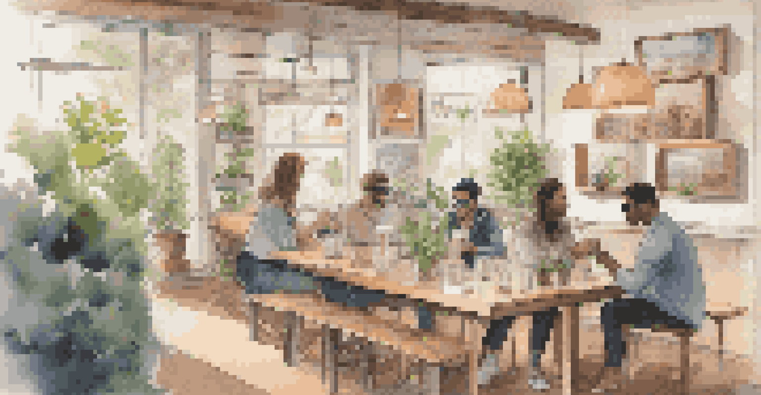 A person in a coffee shop practicing social interactions with augmented reality glasses, surrounded by avatars displaying emotions.