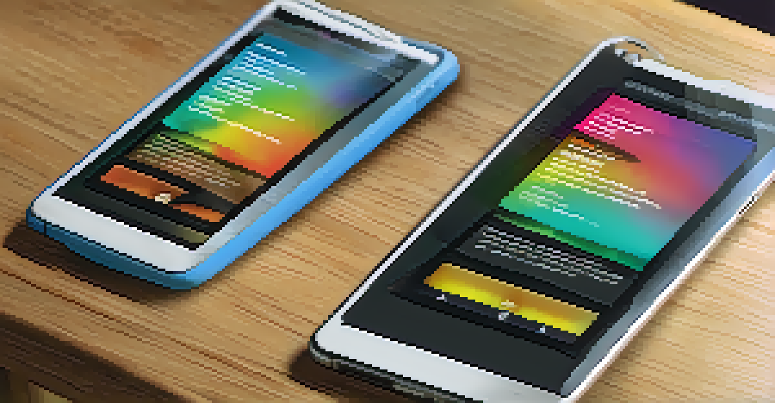 A close-up of a smartphone and tablet showing the same mobile app interface, highlighting design consistency, on a wooden table with warm lighting.