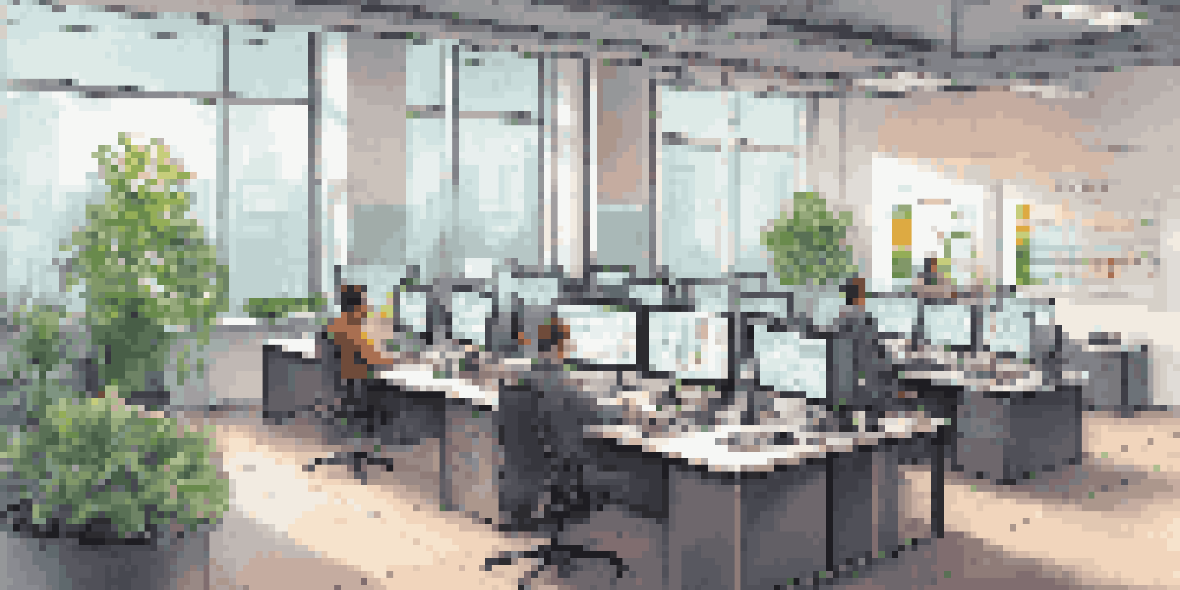 A modern office with computer screens showing security analytics and penetration testing tools, illuminated by natural light.