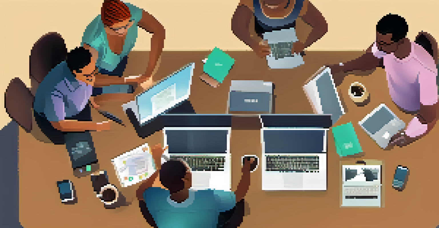 A diverse group of people discussing digital payments at a table with laptops and tablets.