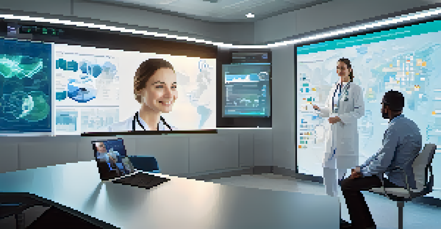 A doctor consulting with a patient over a video call, with health data visualizations on the screen.