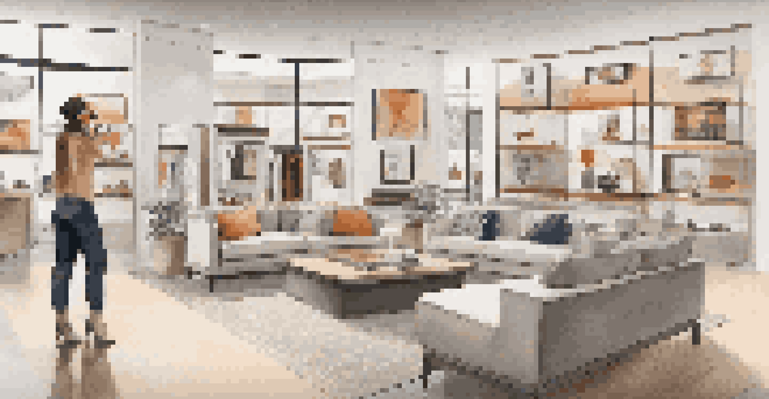 A customer in a modern retail store using AR glasses to visualize furniture in their home setting, with digital overlays visible.