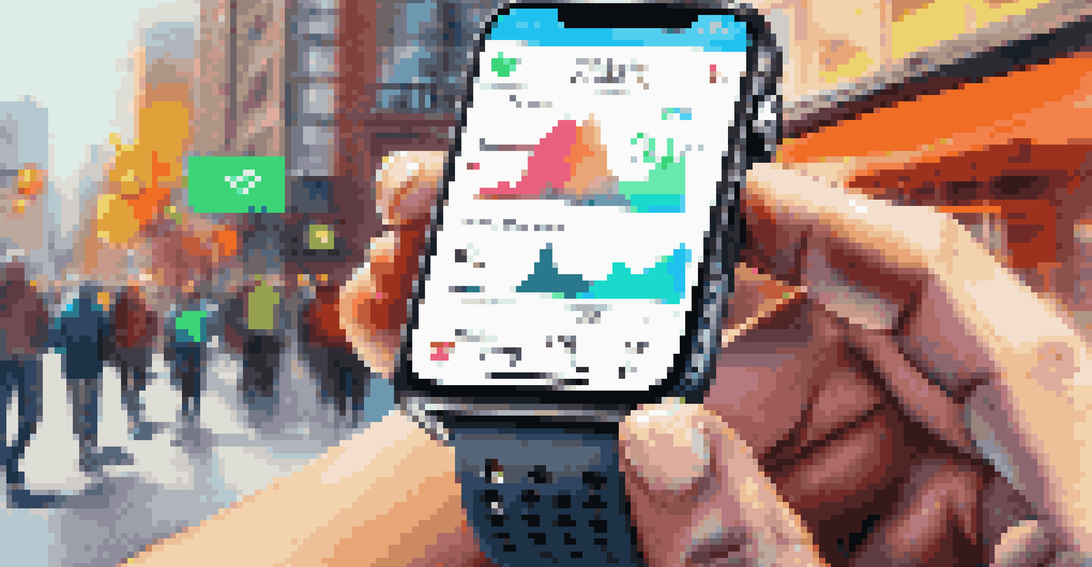 A close-up of a person wearing a fitness tracker, focusing on health metrics in a busy urban setting.
