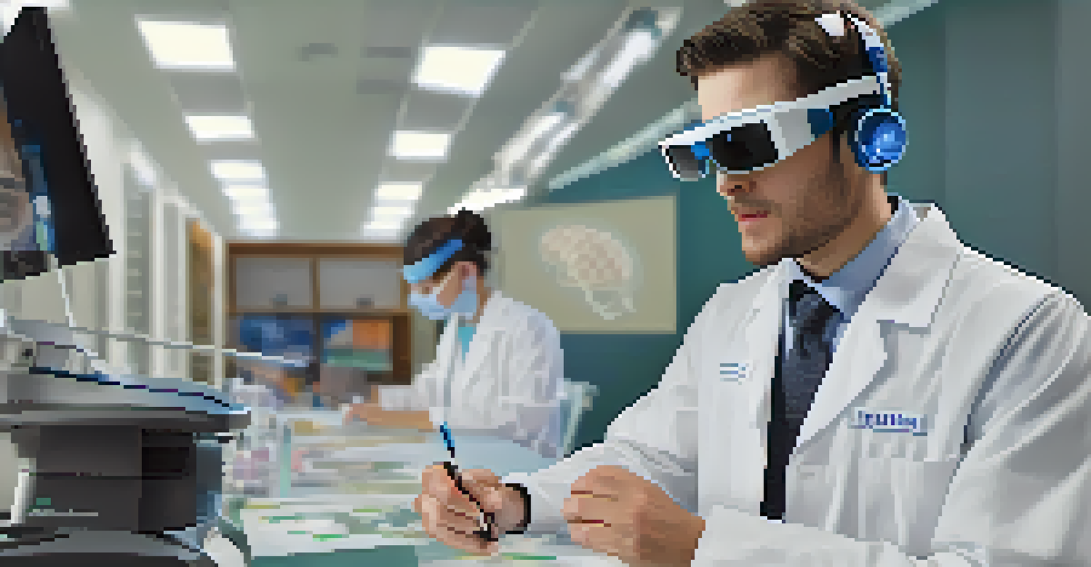 A medical student using augmented reality glasses to practice a virtual medical procedure in a classroom setting.