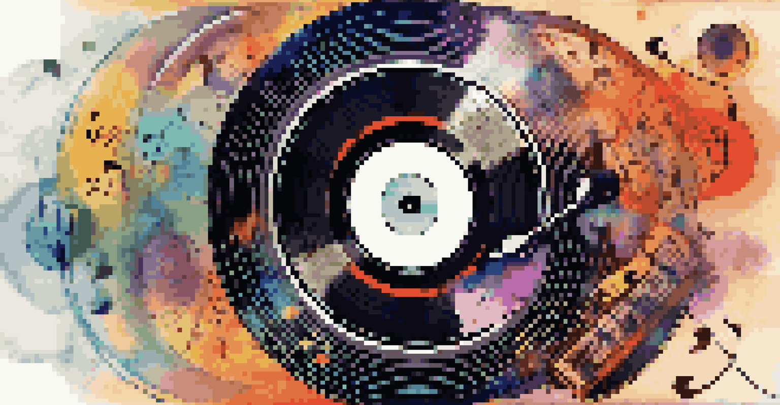 A vinyl record morphing into a colorful NFT with musical notes and abstract designs, symbolizing the blend of traditional and modern music.