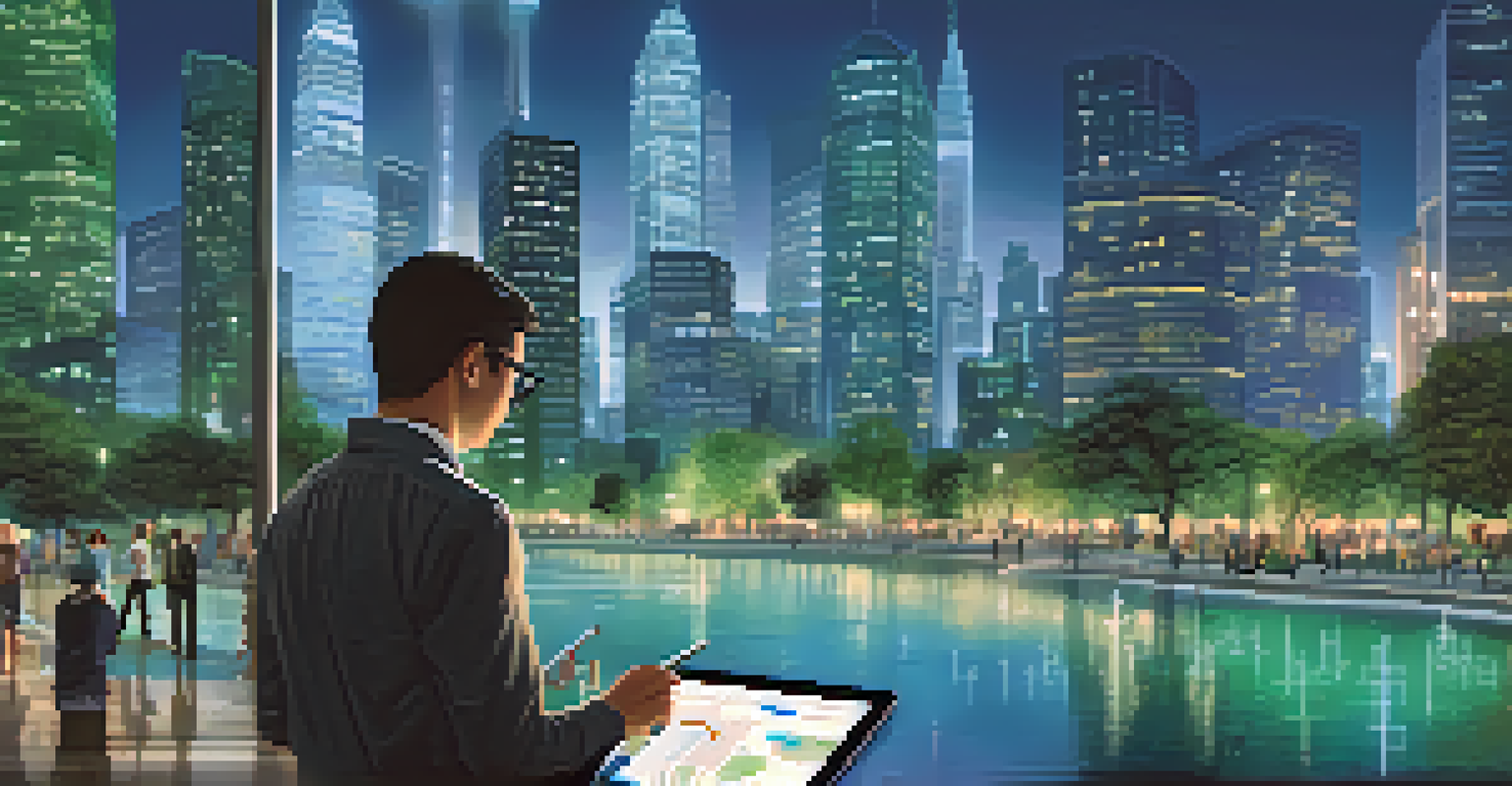 A city planner using a tablet to analyze water management data with a city skyline in the background.