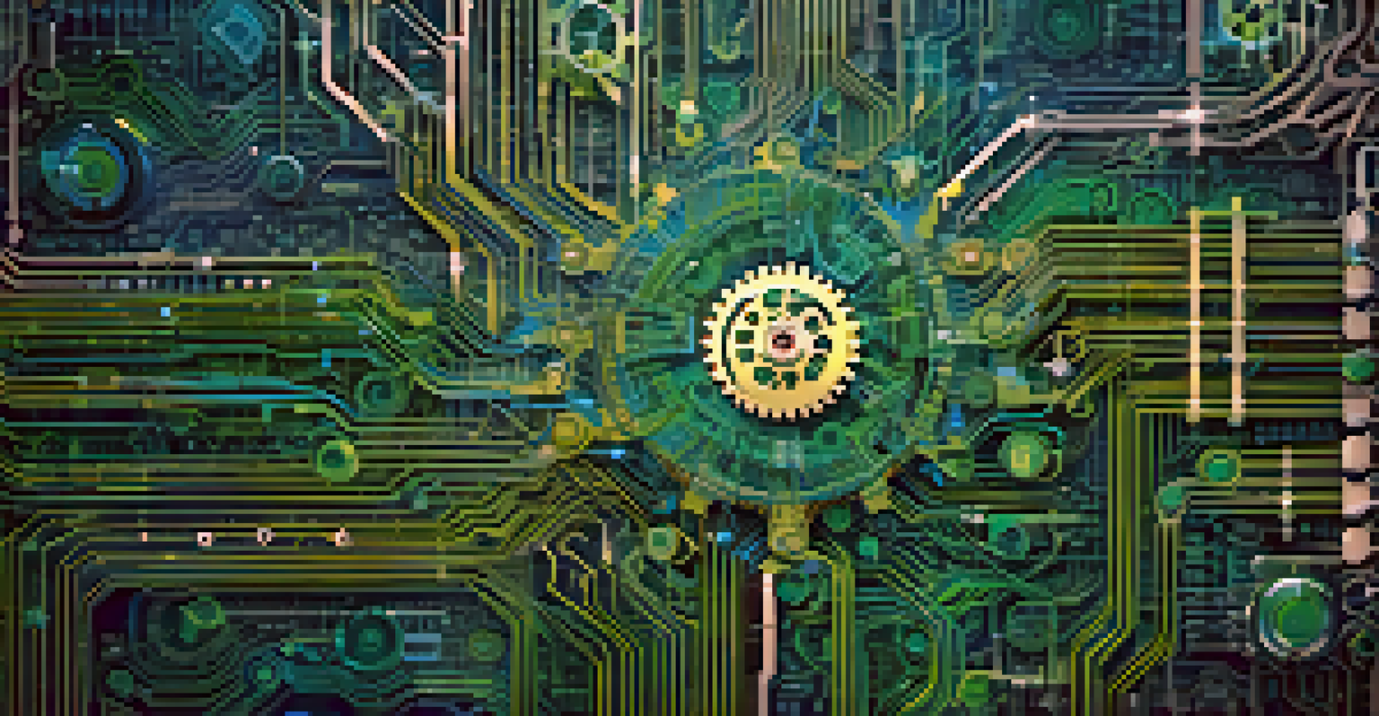 An abstract image depicting interconnected gears and code snippets, representing Continuous Integration in DevOps.