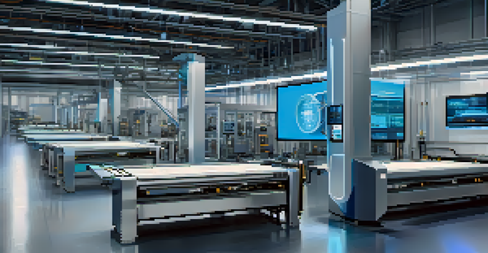 A modern manufacturing facility showcasing digital twin technology with screens and holograms.