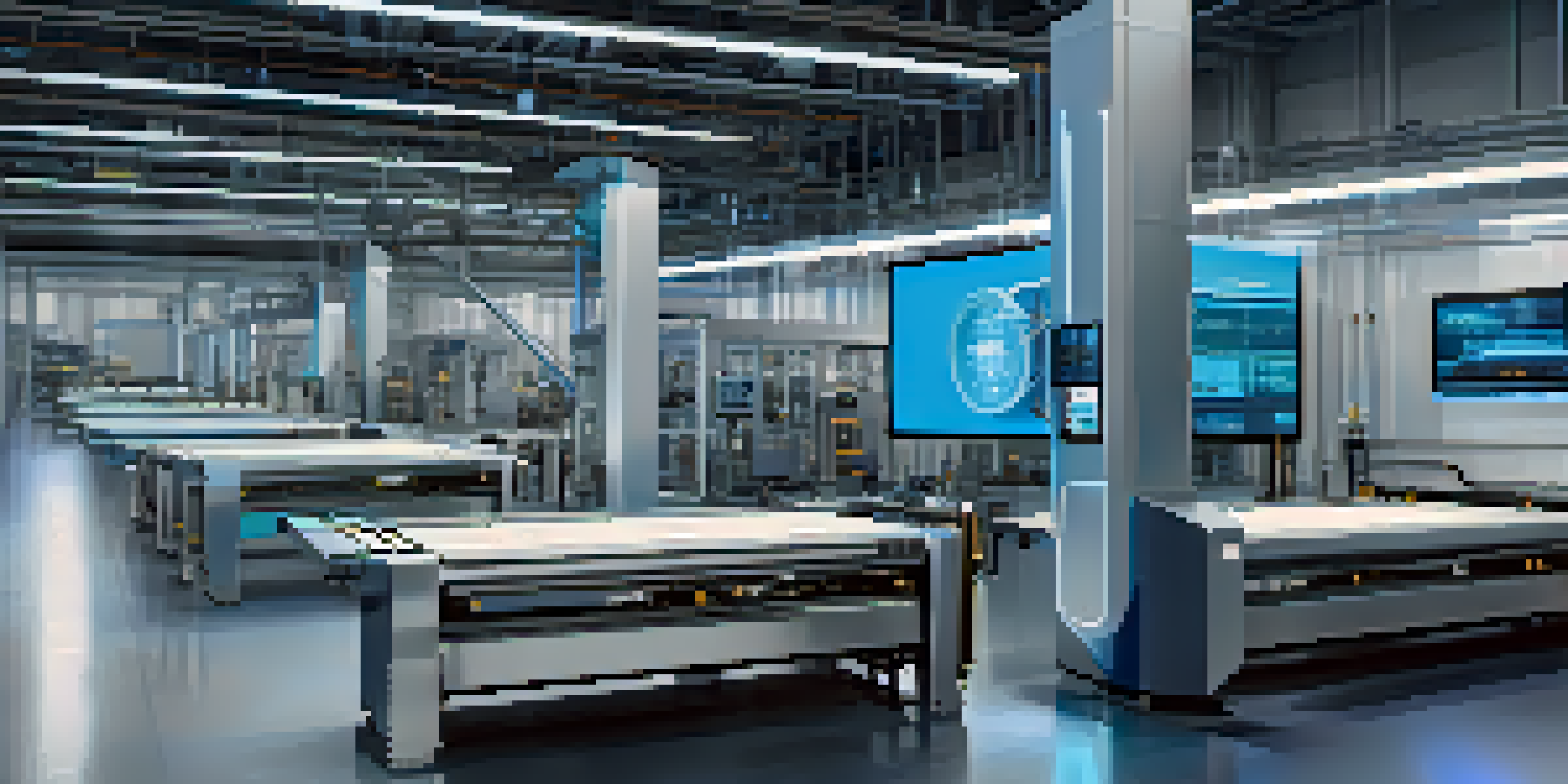 A modern manufacturing facility showcasing digital twin technology with screens and holograms.