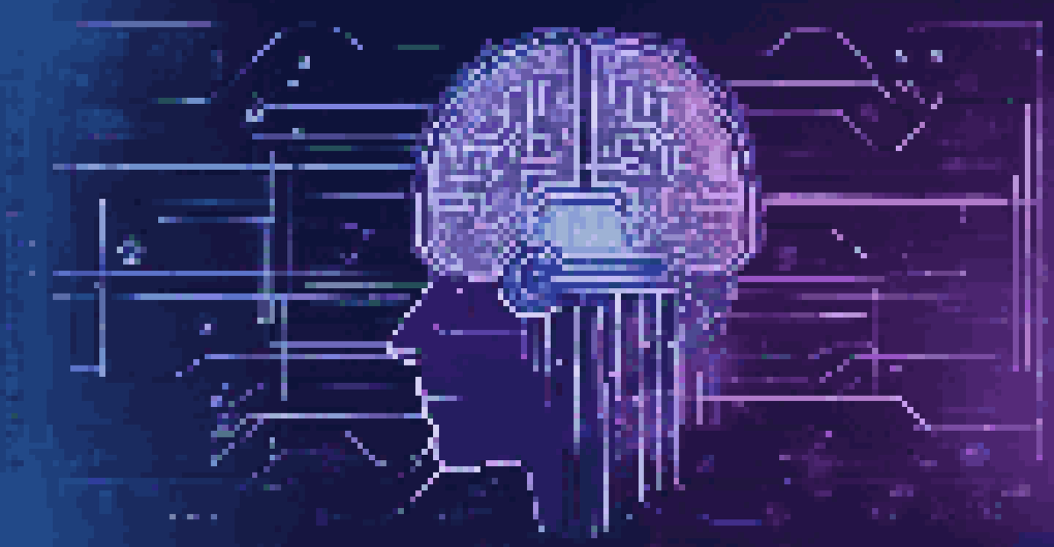 A digital brain made of circuits and binary code, representing AI in cybersecurity, with floating data points and security symbols in a dark blue and purple background.
