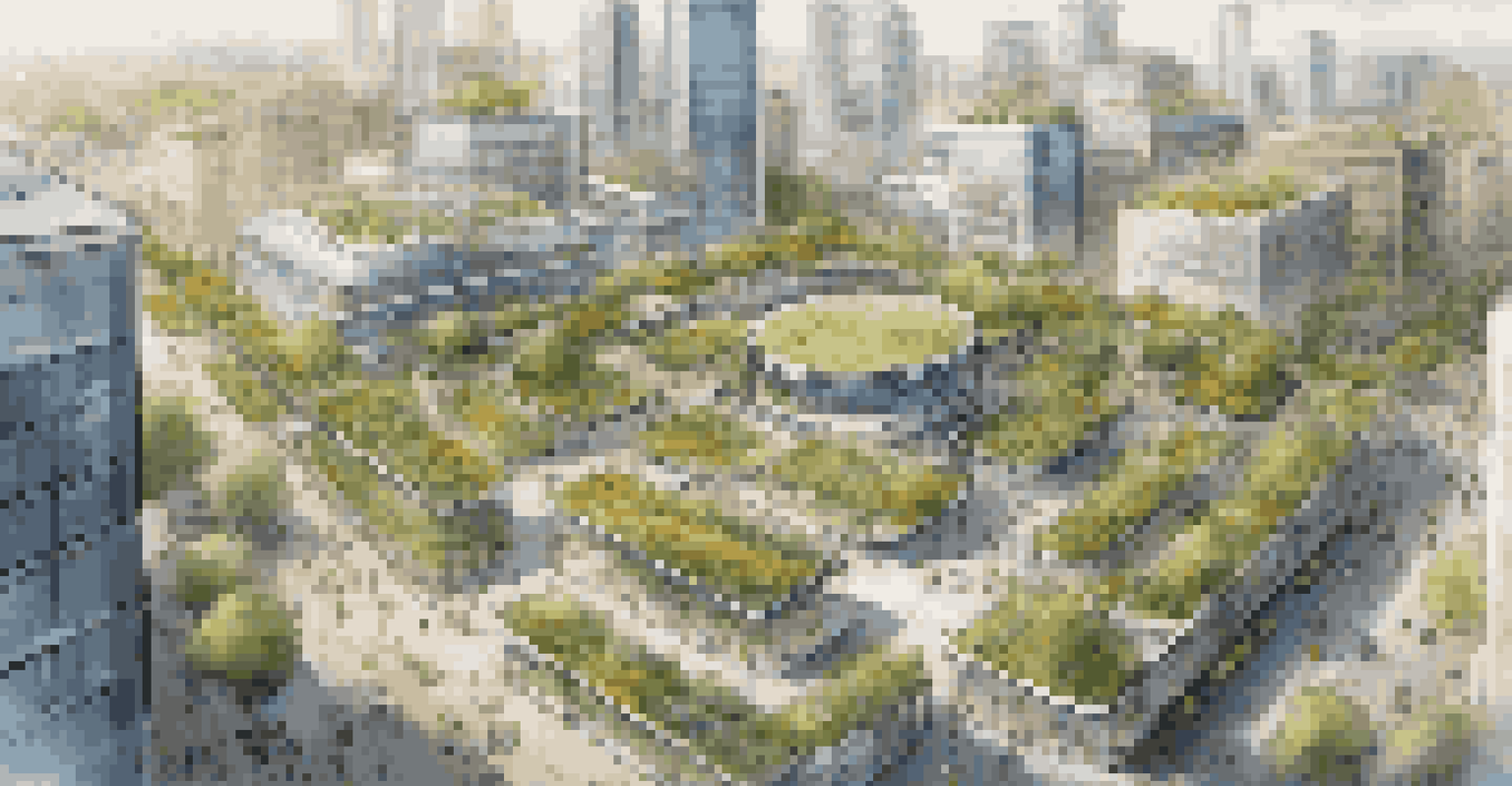 An aerial view of a smart city featuring rooftop gardens, parks, solar panels, and people using sustainable transport options.