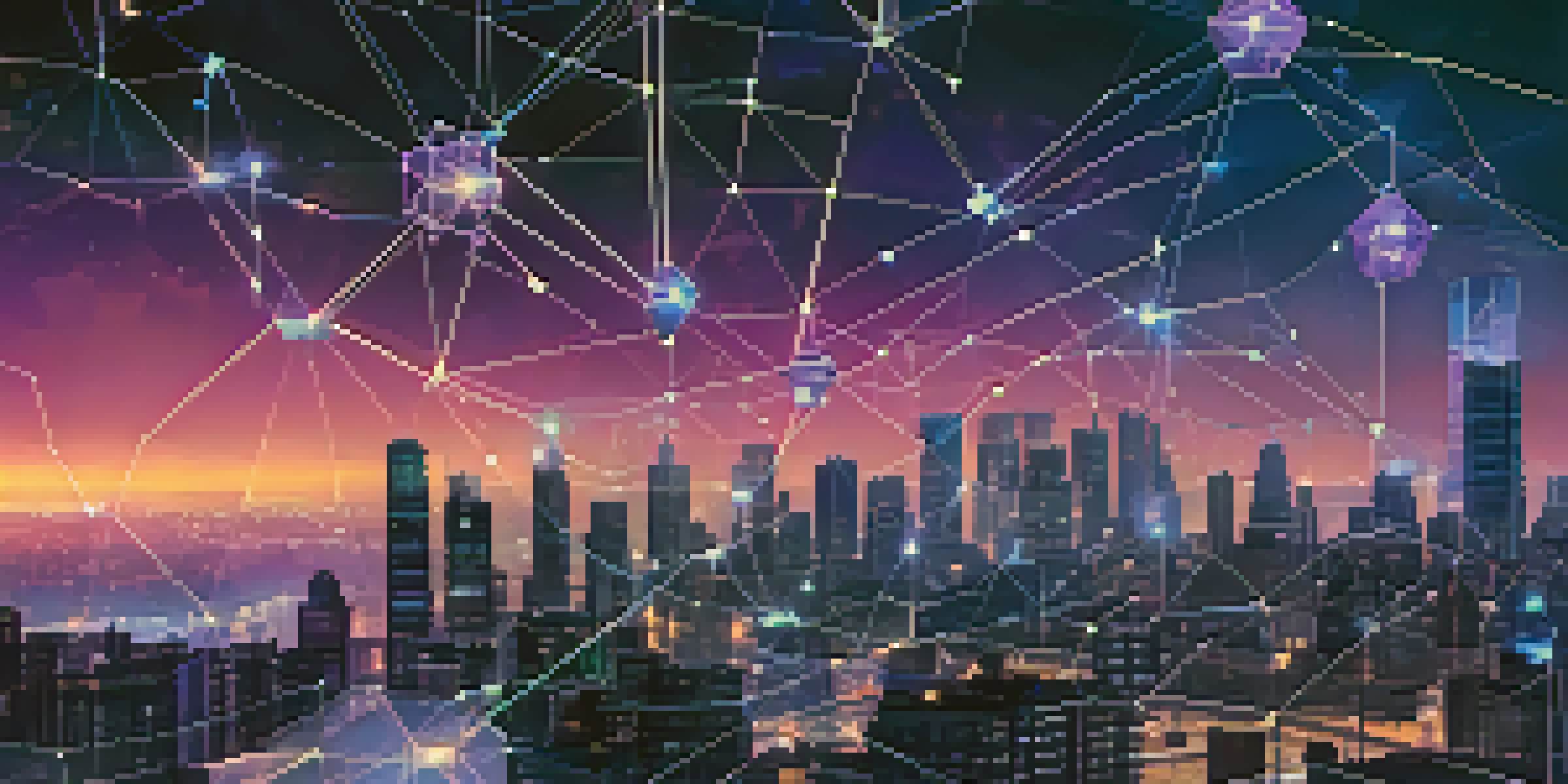 An illustration of a blockchain network with interconnected nodes and glowing lines, set against a futuristic city skyline at dusk.