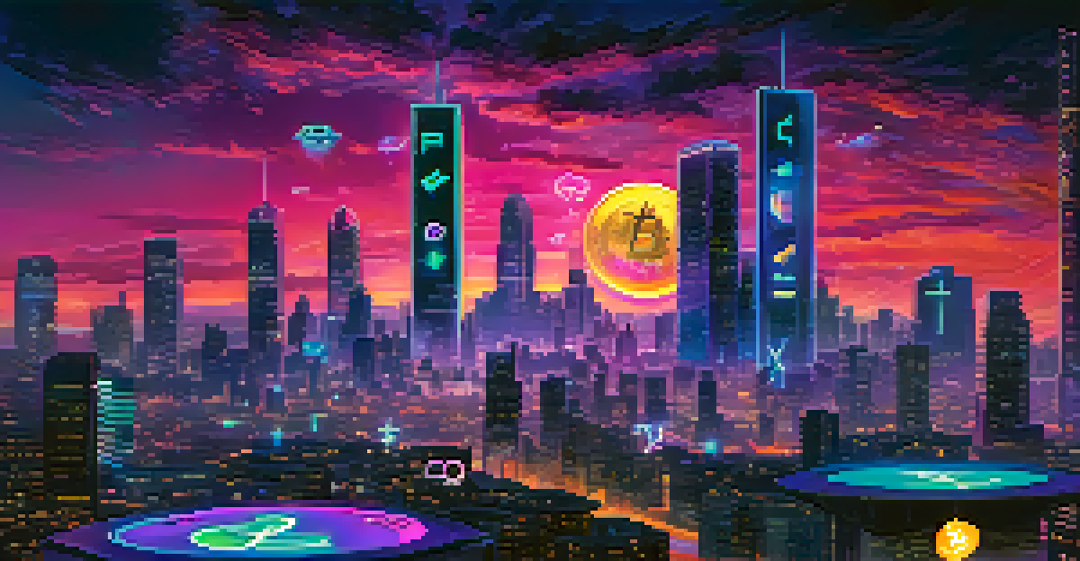 A futuristic city skyline at dusk with glowing digital currency symbols in the sky, illuminated buildings, and a vibrant atmosphere.