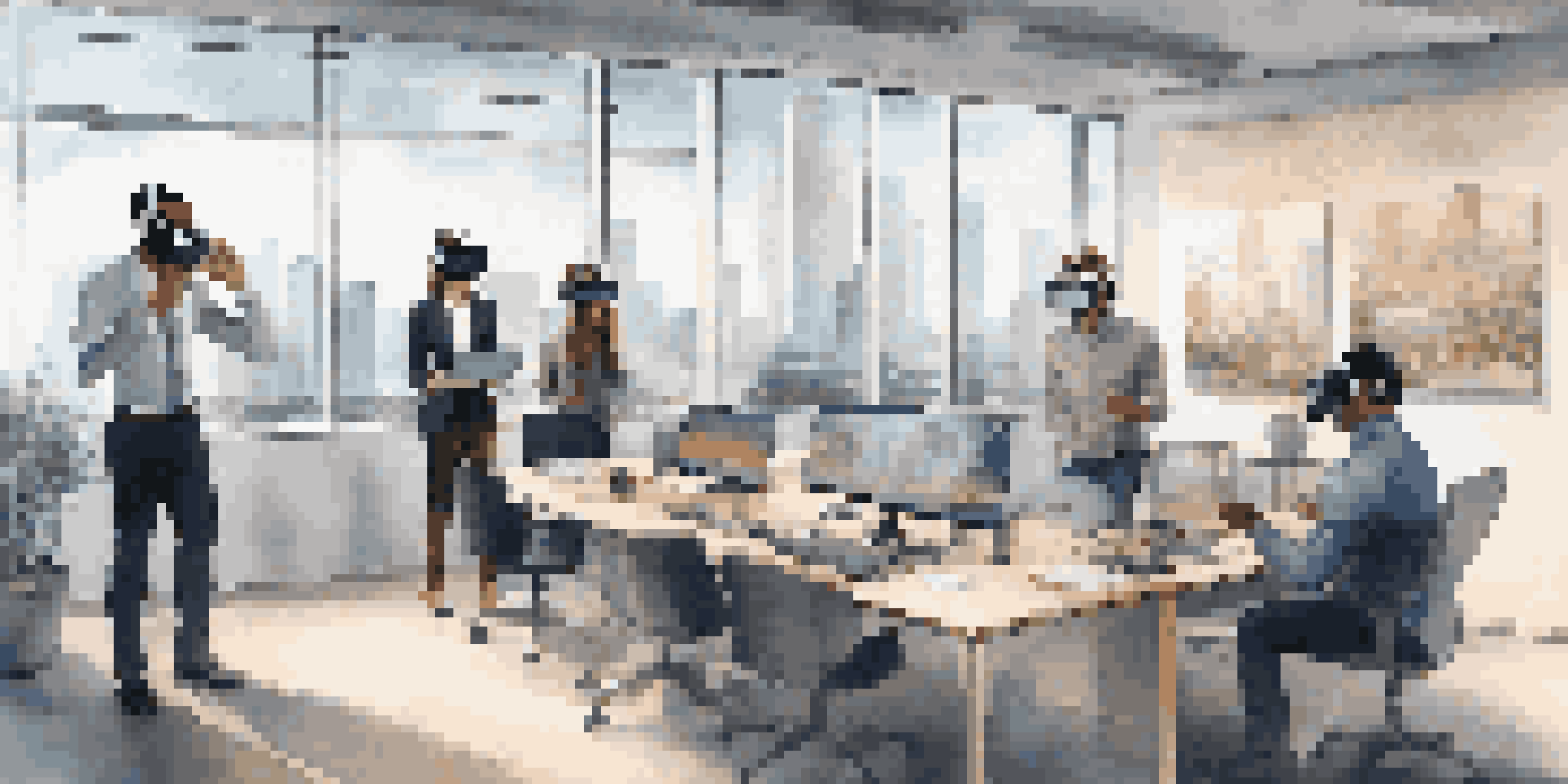 A modern office with employees participating in virtual reality training, wearing VR headsets and interacting with virtual scenarios.