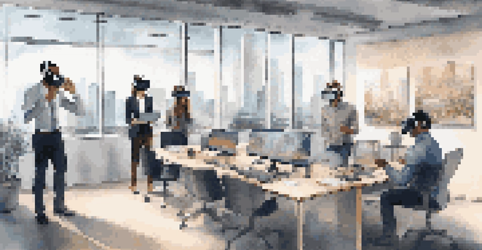 A modern office with employees participating in virtual reality training, wearing VR headsets and interacting with virtual scenarios.