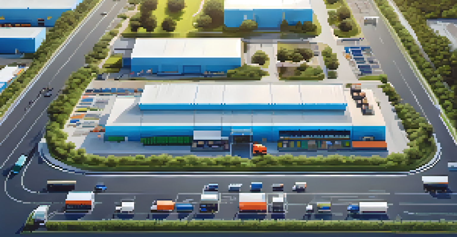 Aerial view of a logistics hub with delivery trucks and drones ready for delivery.