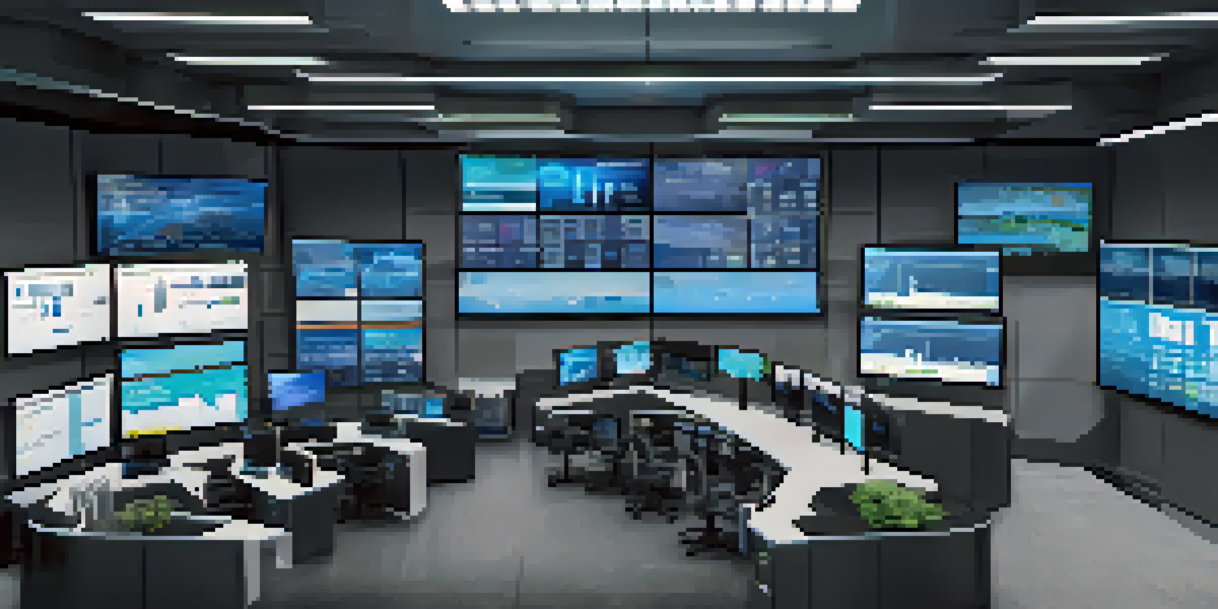 A control room filled with screens showing real-time data for fleet management, emphasizing technology and efficiency.