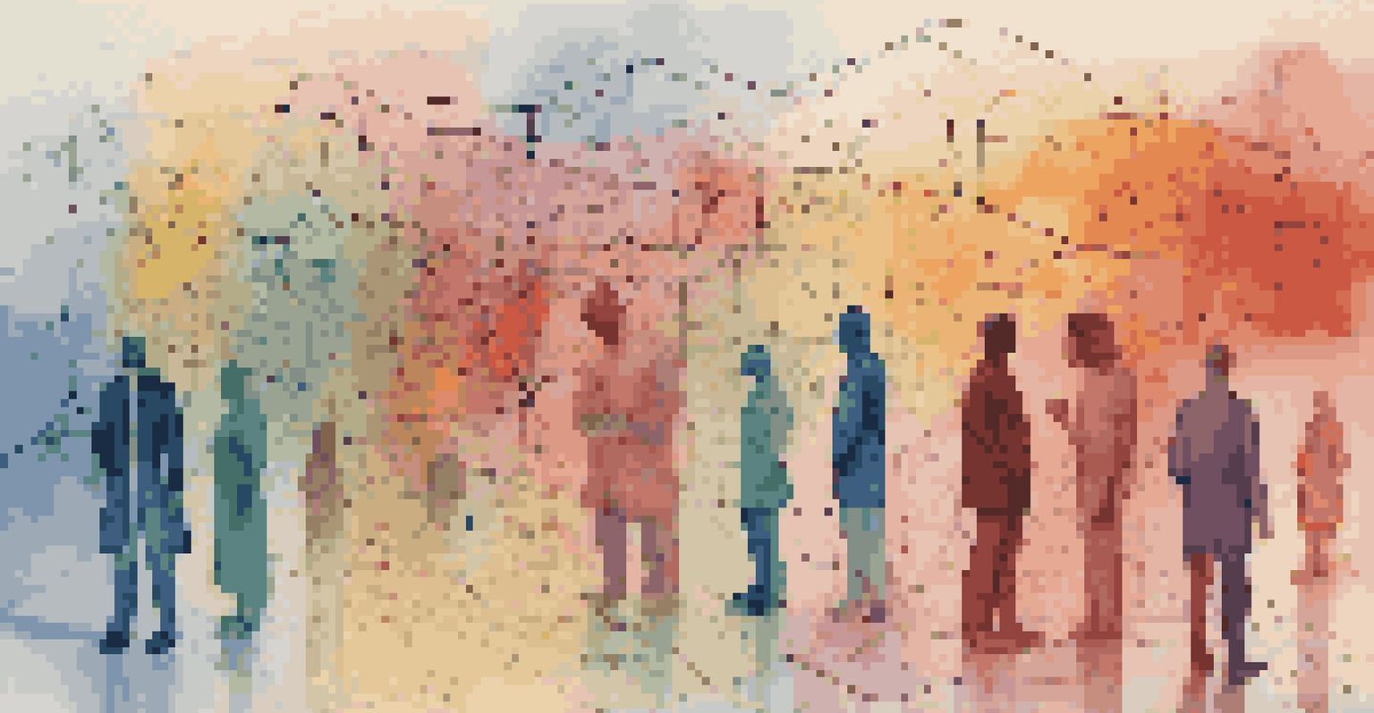 An abstract depiction of AI algorithms analyzing healthcare data with colorful lines and silhouettes of diverse individuals.