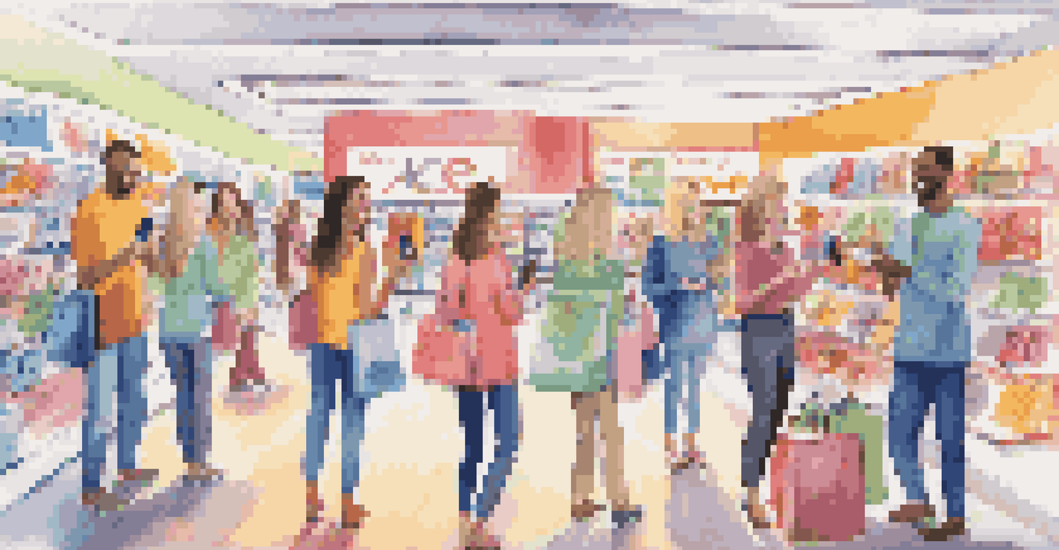 Shoppers enjoying an interactive augmented reality scavenger hunt in a lively retail environment.