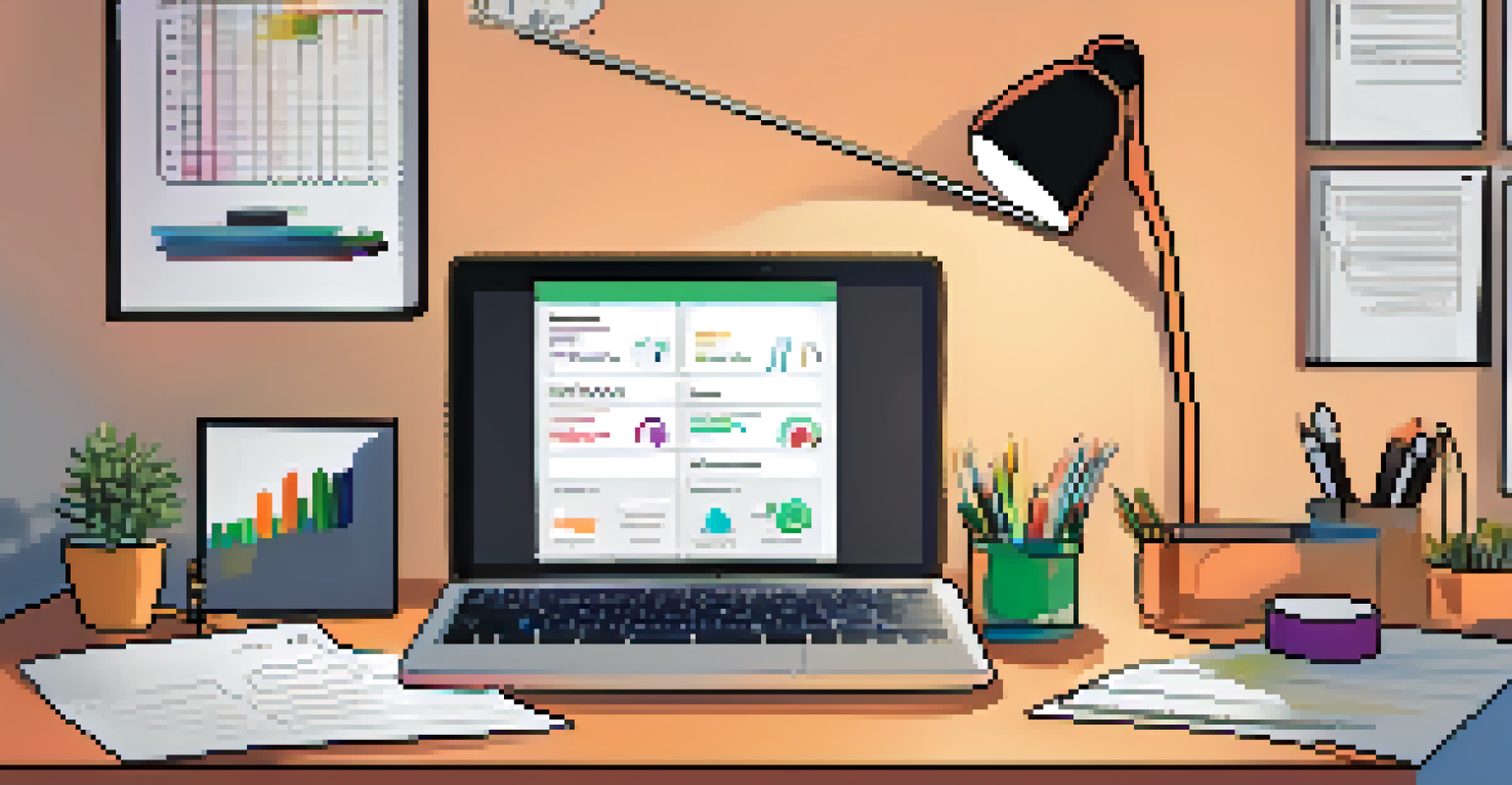 A tablet displaying a project management dashboard with colorful task cards and progress bars, set in a minimalistic home office.