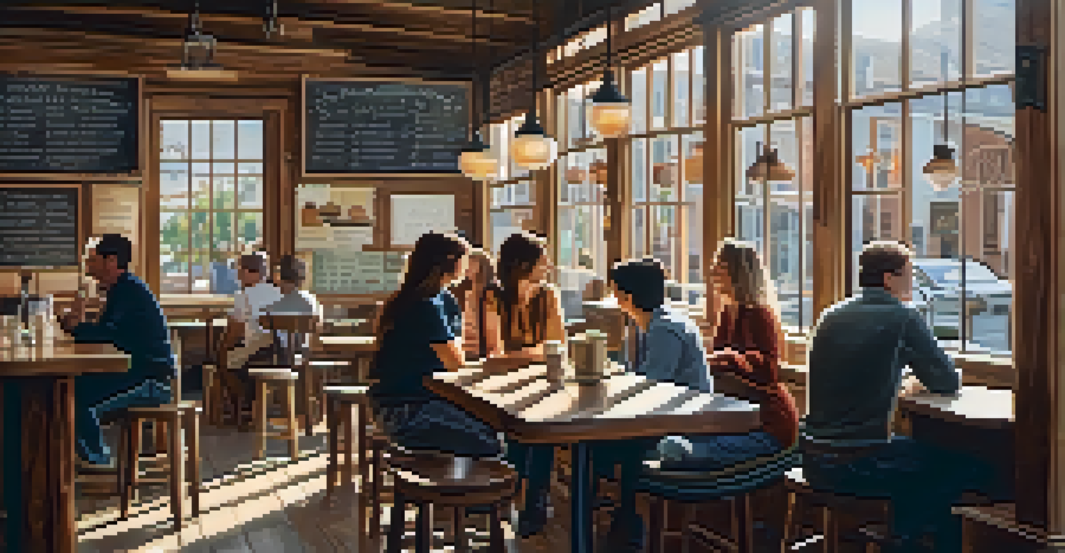 A cozy coffee shop with customers enjoying drinks and sunlight filtering through windows.