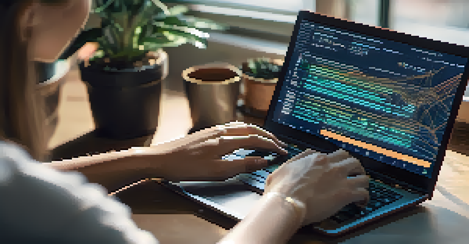 A close-up view of hands typing on a laptop with code on the screen, set in a cozy room filled with books and plants.