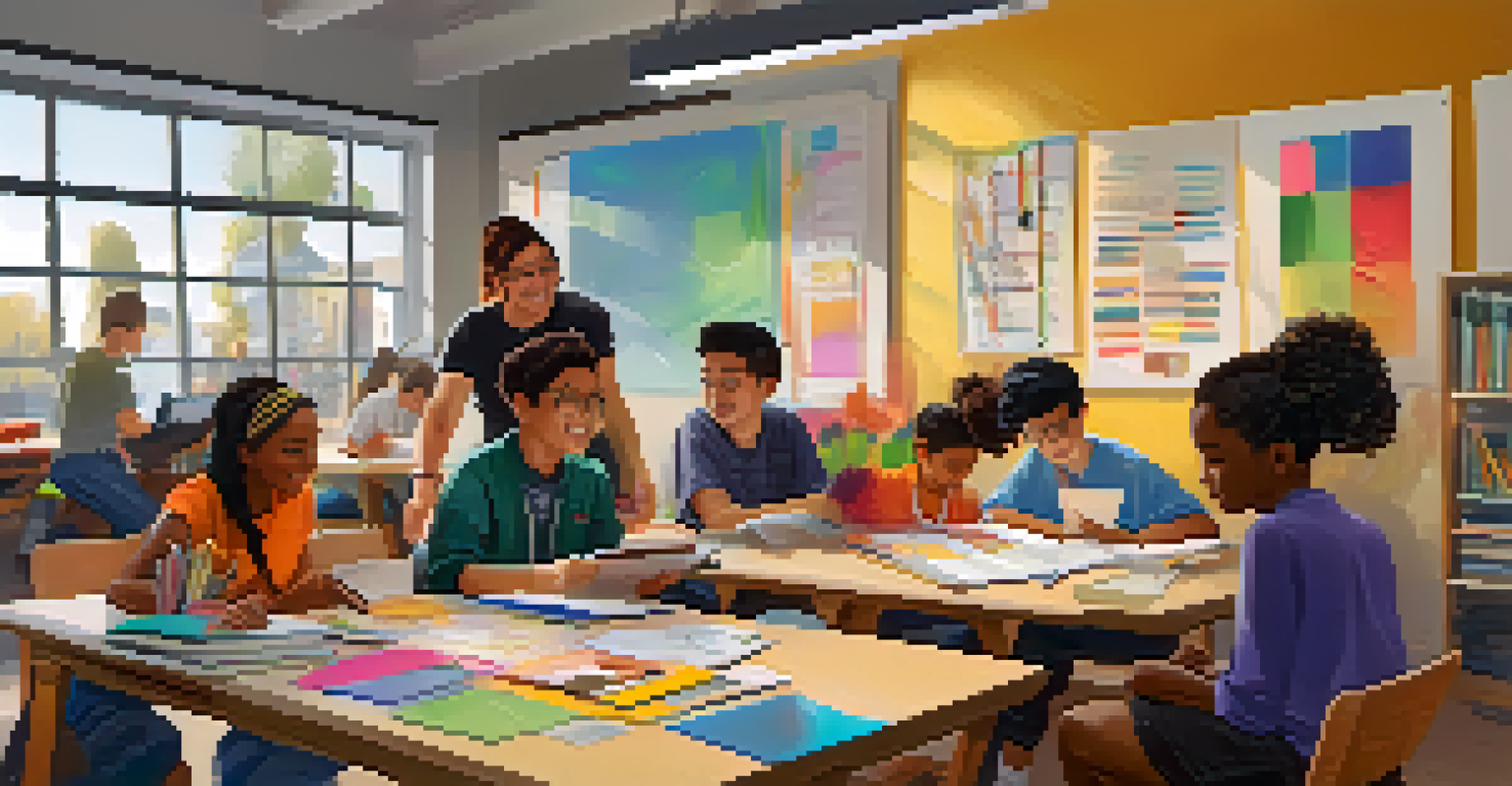 Students working together on a project at a round table, with a teacher guiding them in a vibrant classroom filled with books and digital devices.