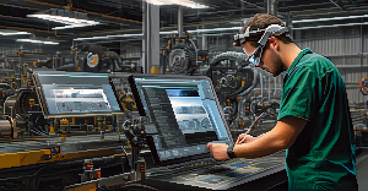 A technician wearing augmented reality glasses in a workshop, with holographic data displays showing performance metrics while maintaining a large industrial machine.