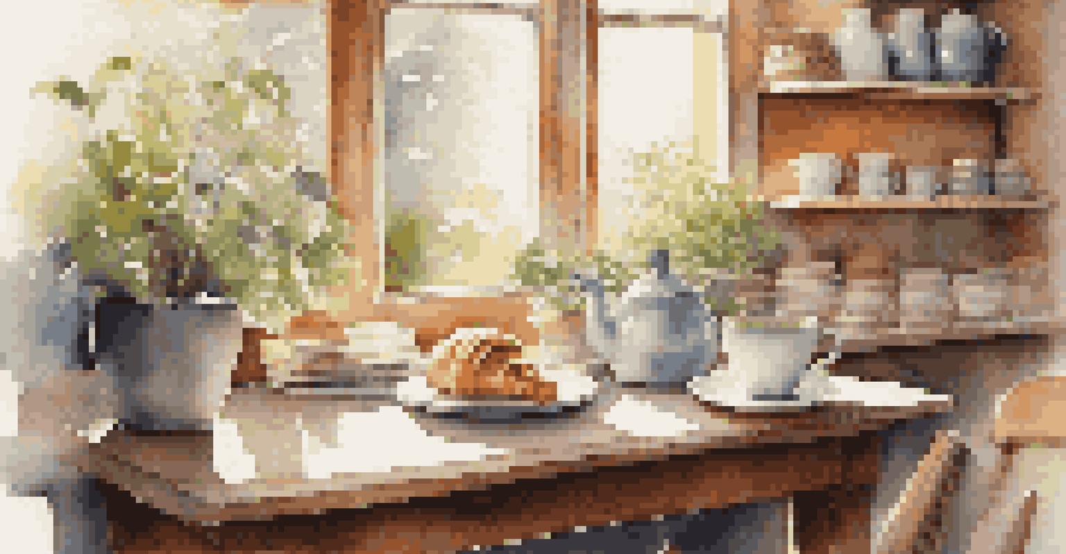 A warm cafe setting with a cup of coffee and a croissant on a wooden table, surrounded by books and plants.