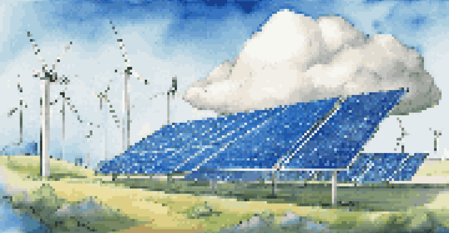 An illustration of a cloud computing environment with renewable energy sources, solar panels, and a bright blue sky.