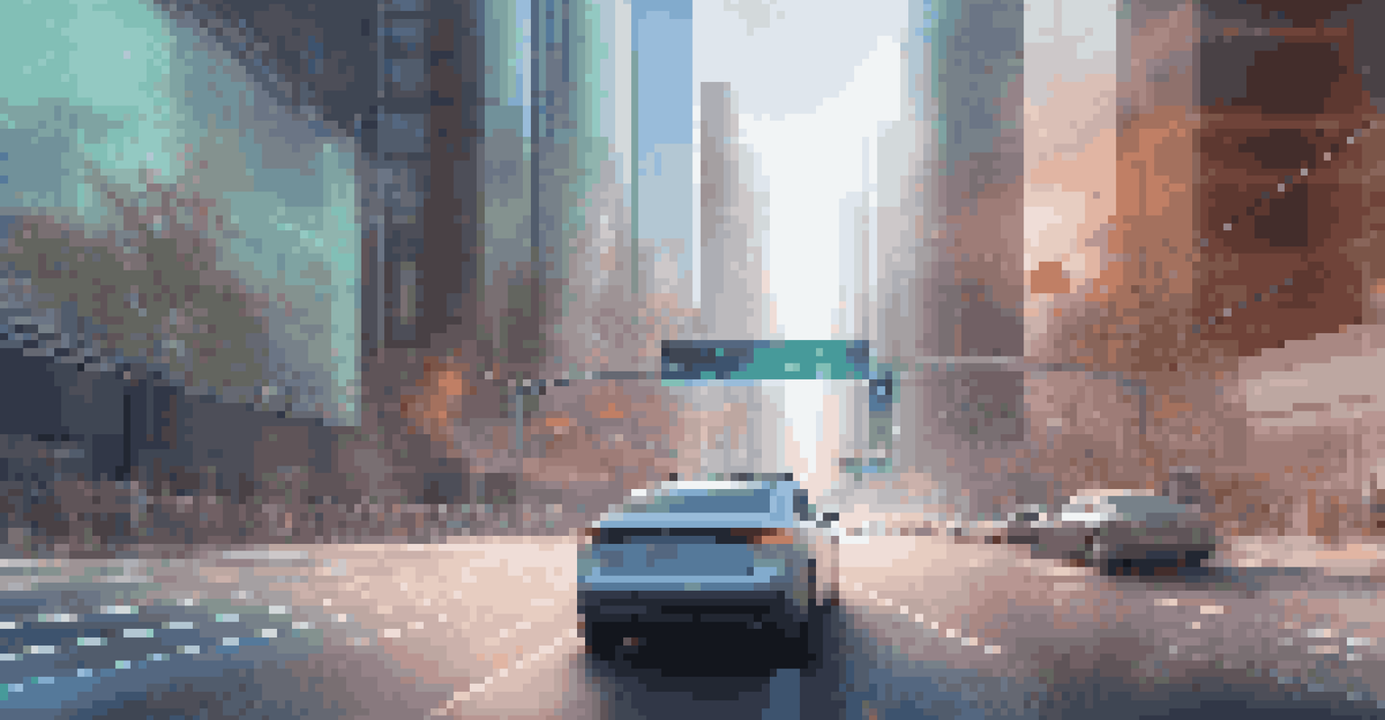 An autonomous vehicle in a virtual city simulation with dynamic traffic and digital overlays, showcasing technology in urban environments.