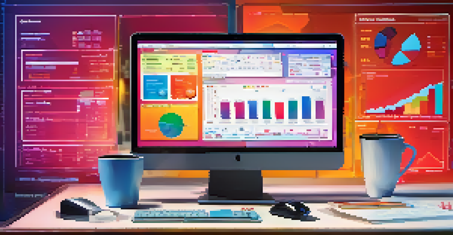 Close-up of a computer screen displaying a data validation dashboard with graphs and alerts, surrounded by a coffee cup and stationery.
