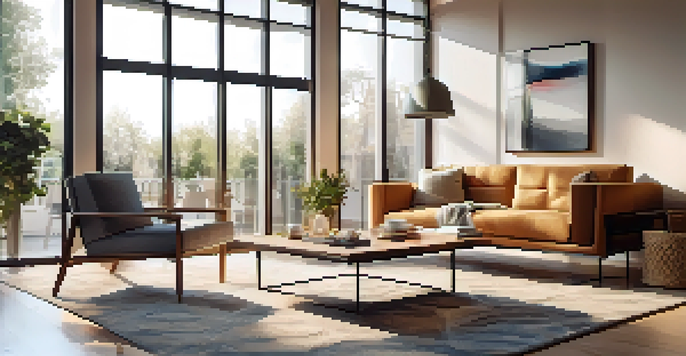 A modern living room with augmented reality furniture displayed through a smartphone, featuring a sleek sofa and coffee table in a bright setting.