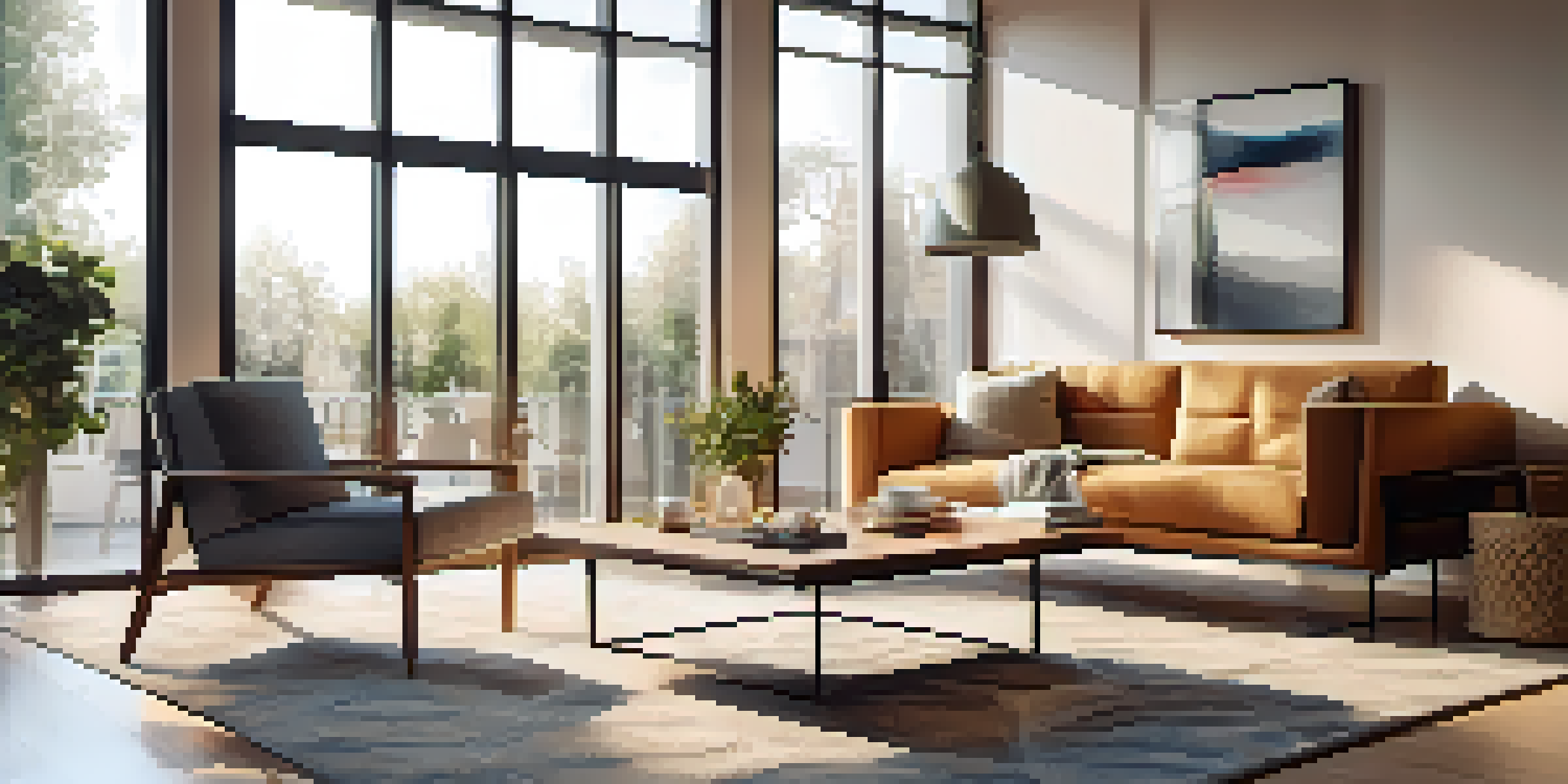 A modern living room with augmented reality furniture displayed through a smartphone, featuring a sleek sofa and coffee table in a bright setting.